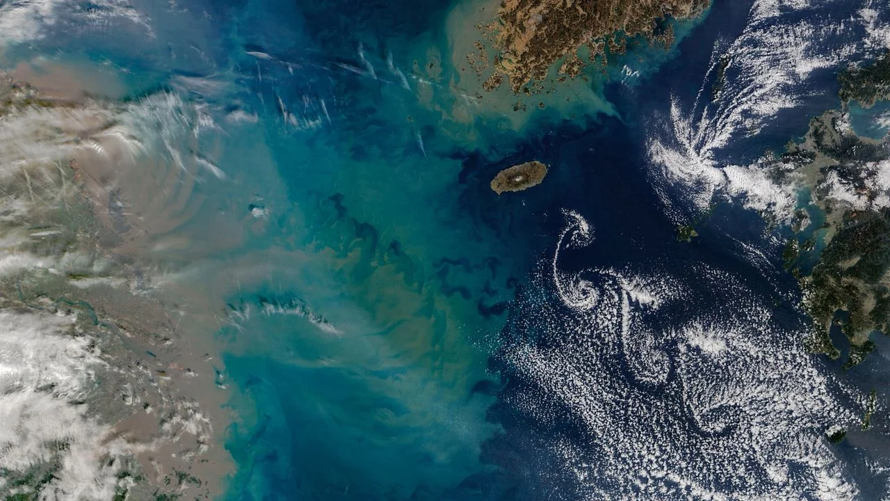 Kármán Vortex Street and Sediment Plume Captured Over Jeju Island