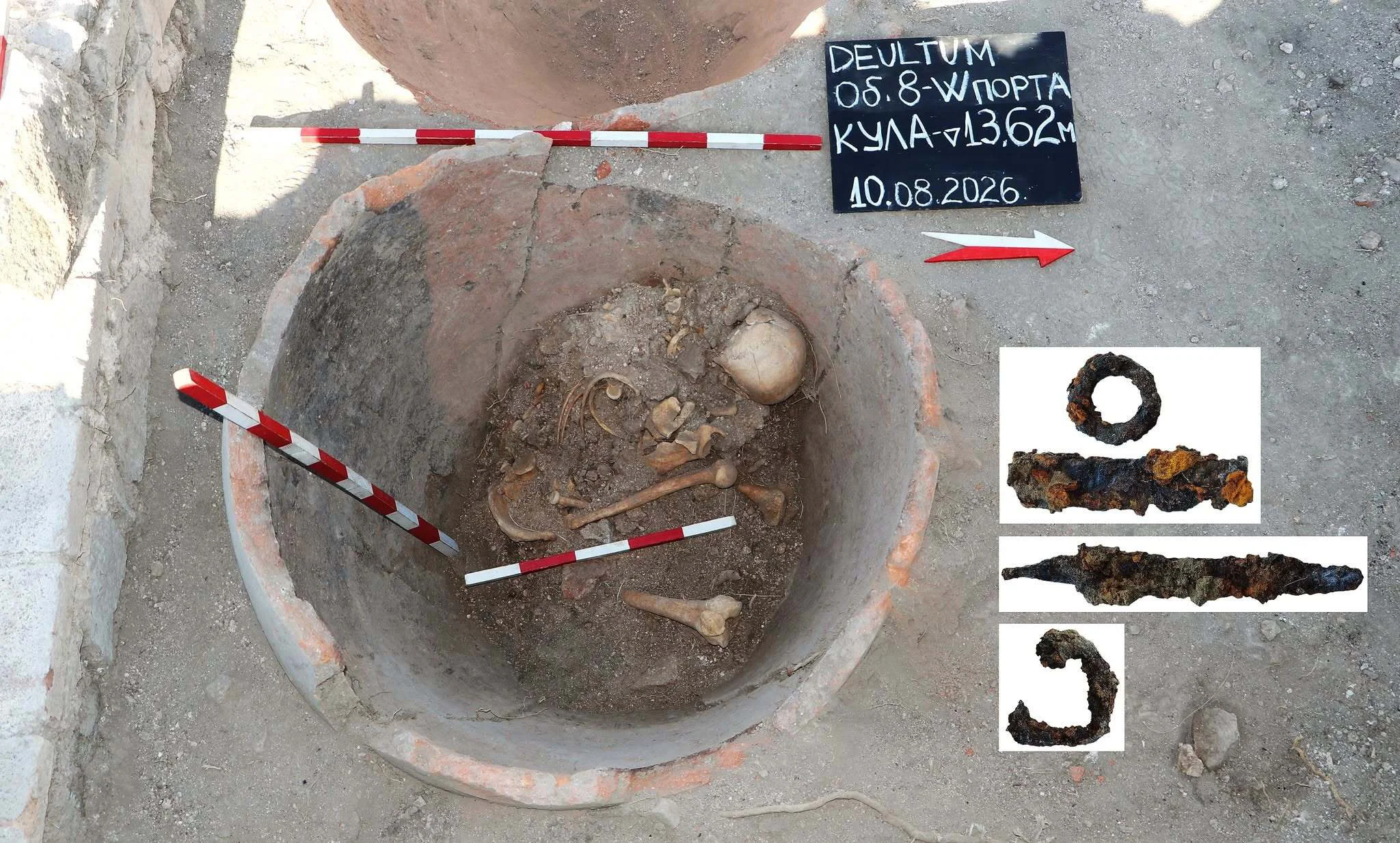 A skeleton half unearthed sits at the bottom of a giant vessel. There are three inset images of the corroded metal knives.