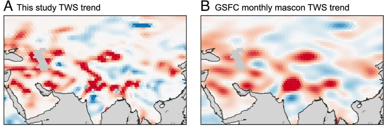 Comparative maps of water storage changes across South Asia by new study versus previous methods.