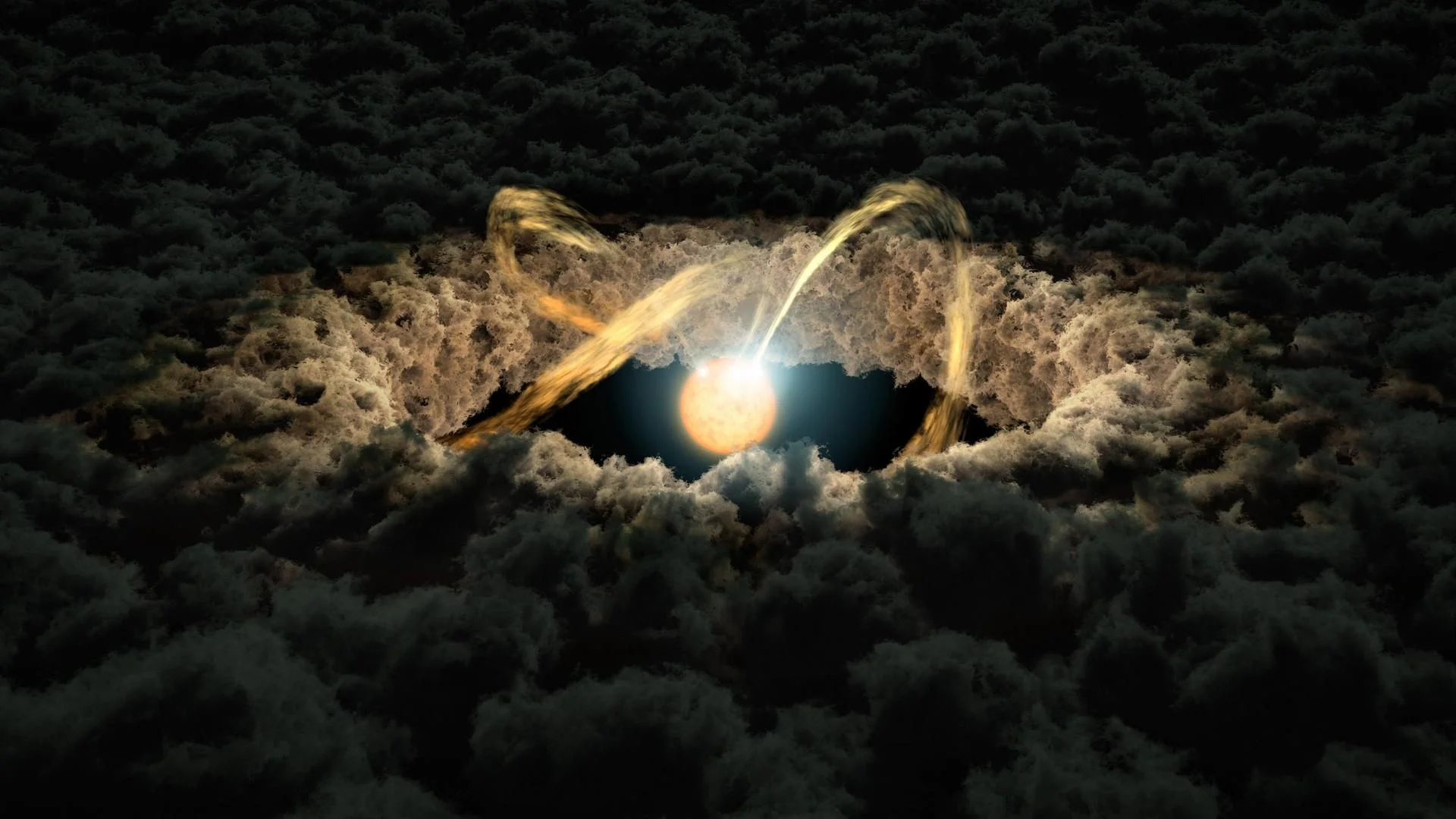 An illustration of a planet with a glowing ring of light around it surrounded by gas.